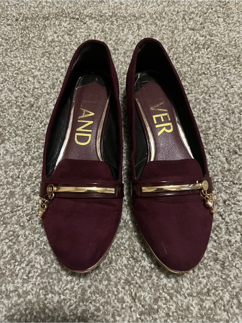 River Island Burgundy Suede Loafers with Gold Bar